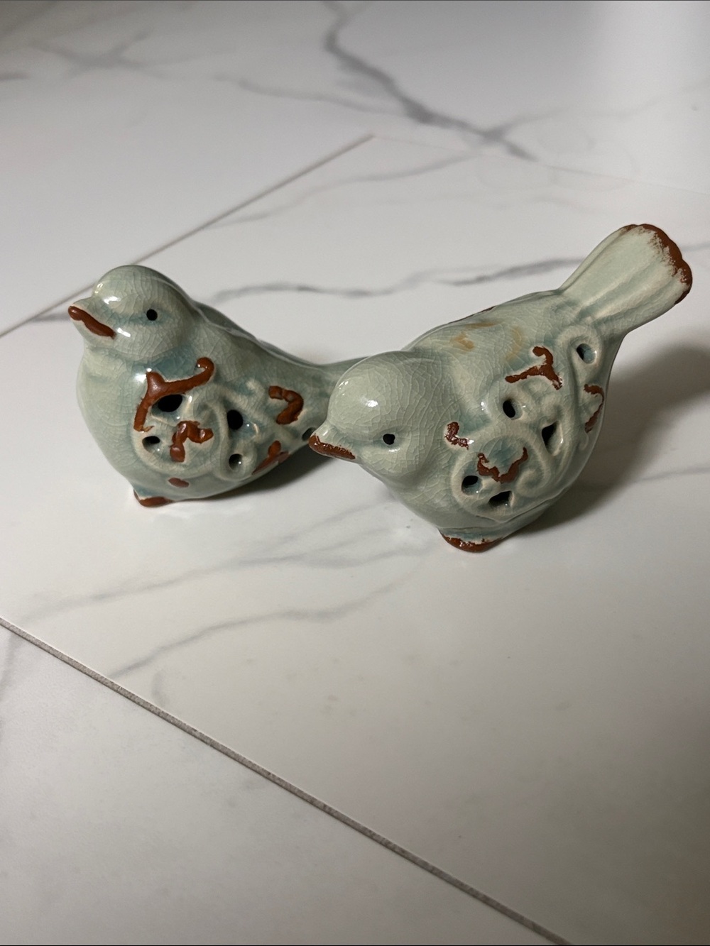 Ceramic Bird Figurine Pair in Pale Sage with Brown Accents
